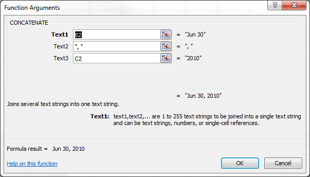 CONCATENATE Function Argument Dialog Box