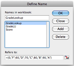 Grades in Excel: Define Name dialog box