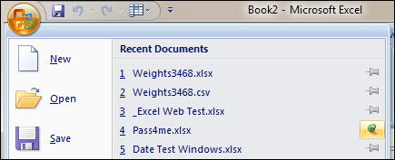 Excel 2007 Pin File to Recent File List