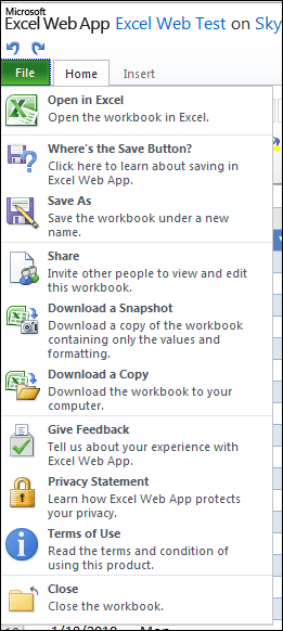 Excel Web File Menu