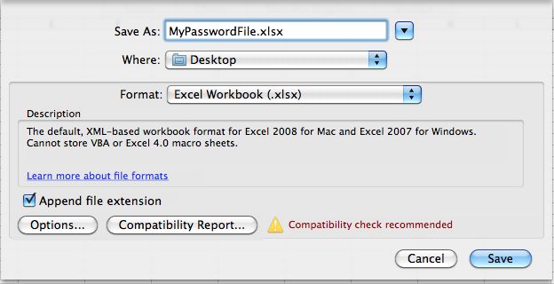 File Save Options Excel 2008