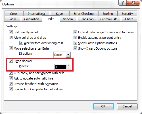 Fixed Decimal Places Excel 2003
