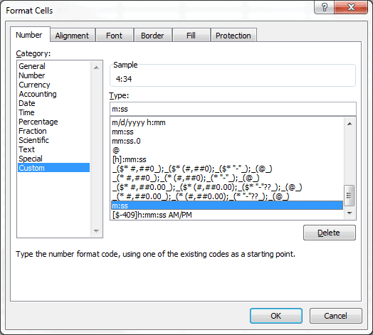 Format Cells Dialog Box-Custom Time