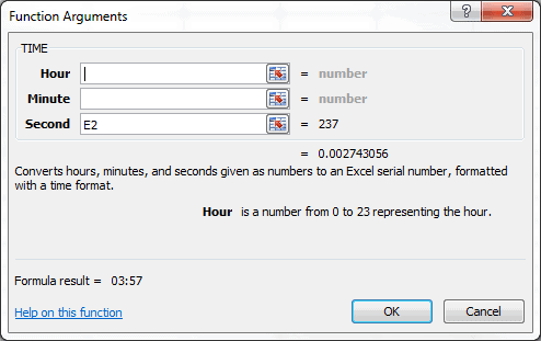 Function Arguments Dialog Box Seconds Conversion