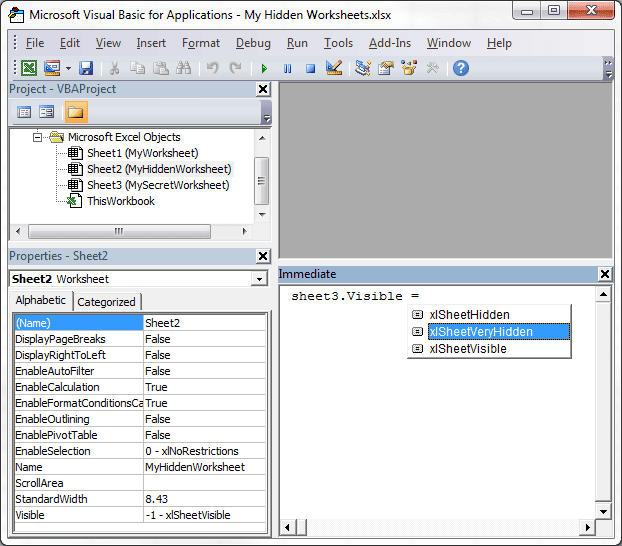Hide Sheet in VBA Immediate Window