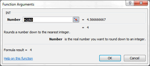 INT Function Arguments Dialog Box