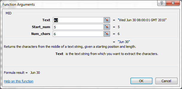 MID Function Dialog Box