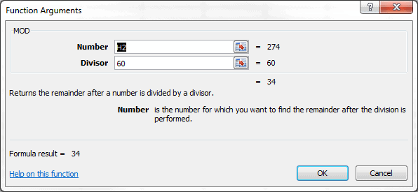 Excel MOD Function Arguments Dialog Box