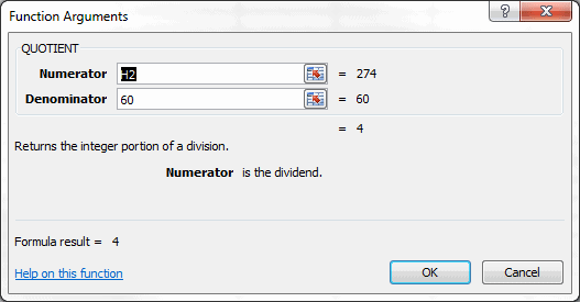 QUOTIENT Function Dialog Box