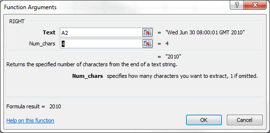 RIGHT Function Argument Dialog Box 2