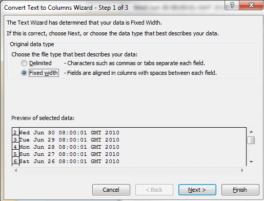 Text To Columns Wizard Step 1 of 3