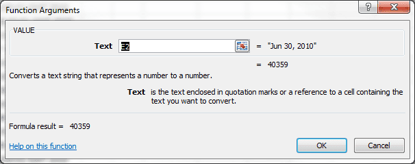 Excel VALUE Function Argument Dialog Box