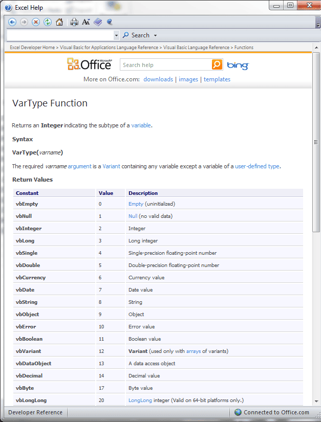 VarType Excel Help
