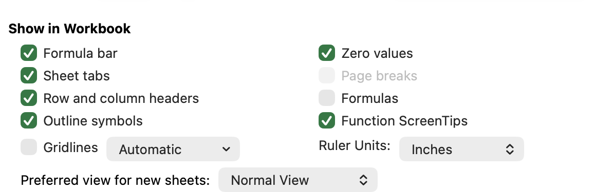 Excel for Mac View preferences with Ruler Units set to Inches