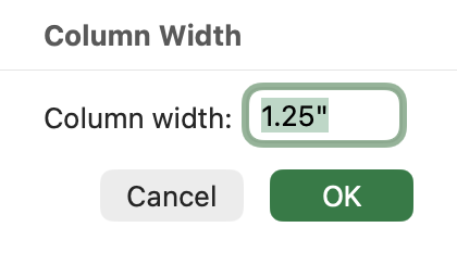Excel for Mac Column Width dialog in Page Layout view showing 1.25 inches