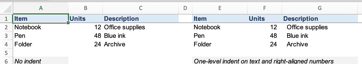 Excel for Mac comparing the original list in A:C with an indented copy in E:G