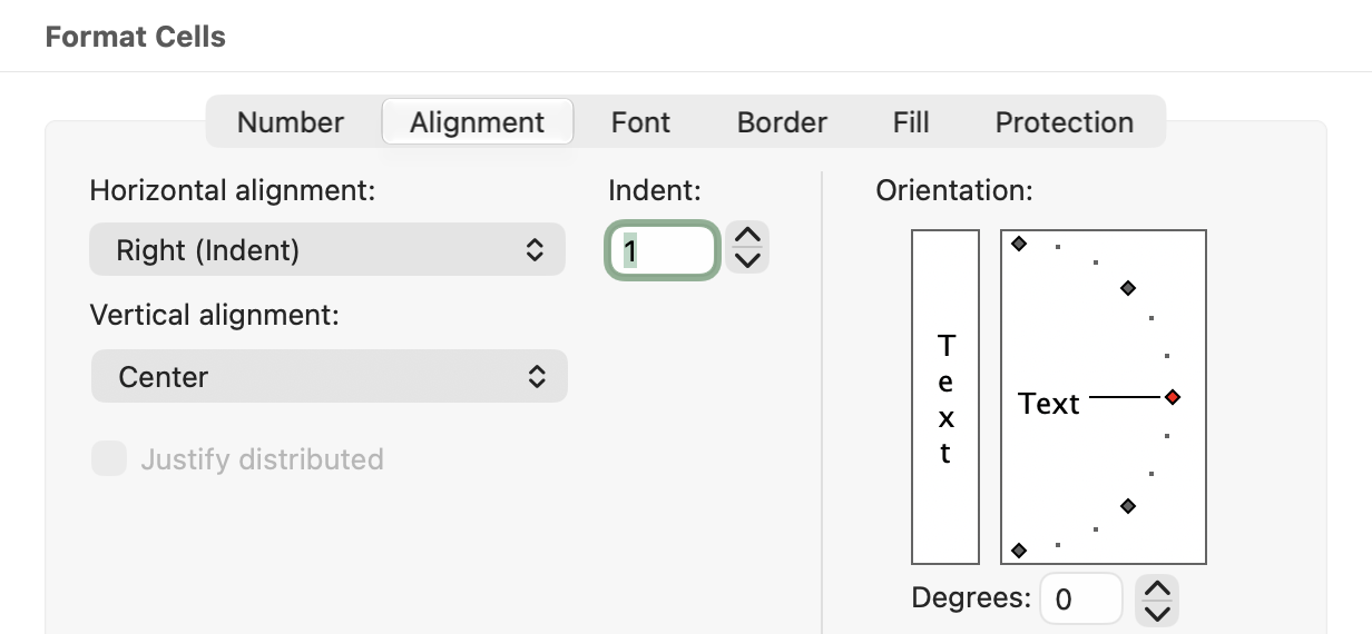 Excel for Mac Format Cells dialog showing Right (Indent) horizontal alignment and Indent 1