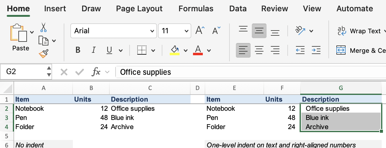Excel for Mac Home ribbon with indent controls and the copied Description cells G2:G4 selected