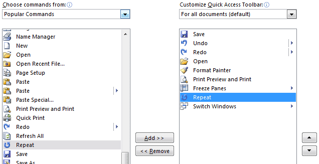 Excel repeat last action