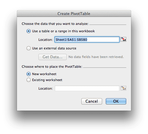 Create PivotTable Dialog Box