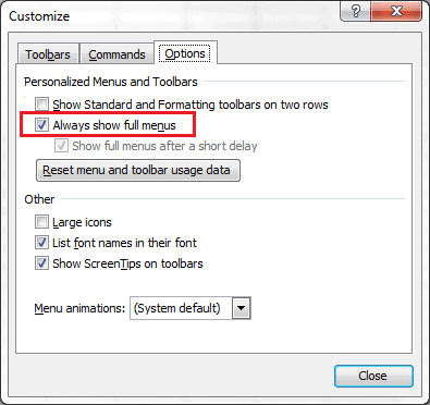 Customize Dialog Box