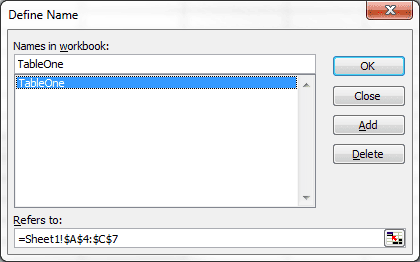 Define name dialog box