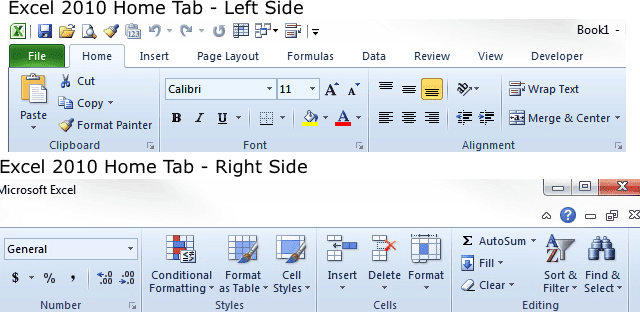 Excel 2010 Home Tab Split