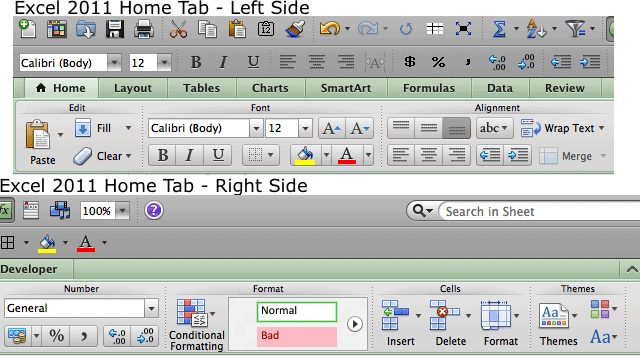 Excel 2011 Home Tab Split