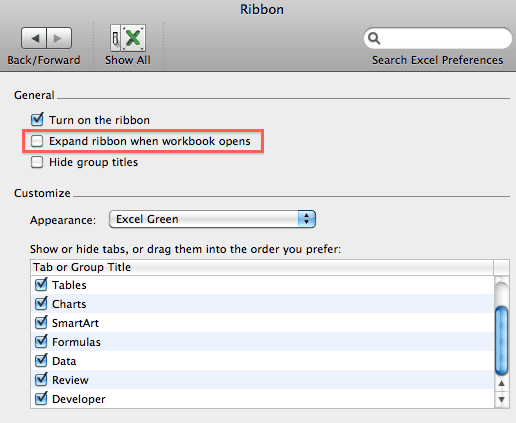 Excel Ribbon Preferences