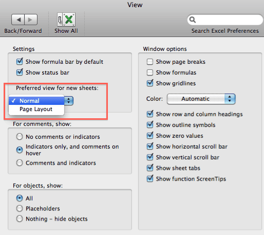 Excel View Preferences