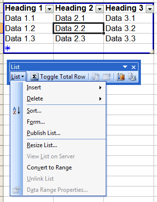 Create list in excel