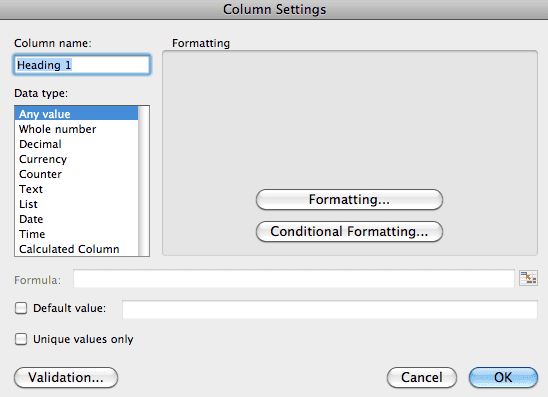 List Wizard Column Settings dialog box