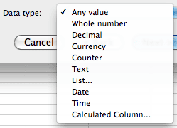 List Wizard Data Type Selections