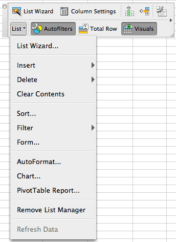 List toolbar List menu