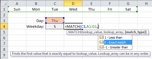 MATCH Function for Weekday