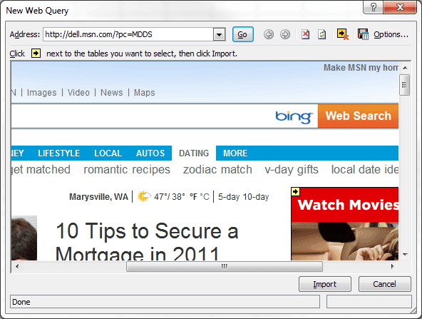 New Web Query dialog box