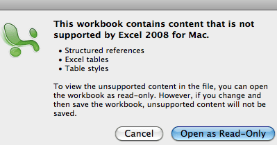 No Tables Excel 2008