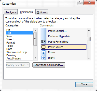 Paste Values Command