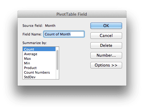 PivotTable Field Dialog Box