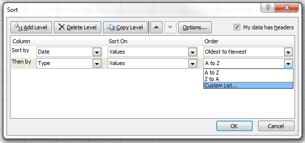 Sort Dialog Box Custom List Order