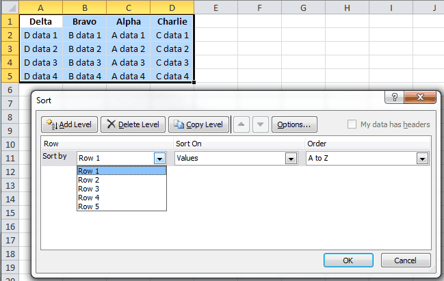 Sort dialog box Sort by Row 1