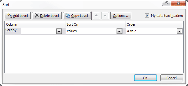 Sort dialog box default settings