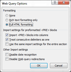 Web Query Options