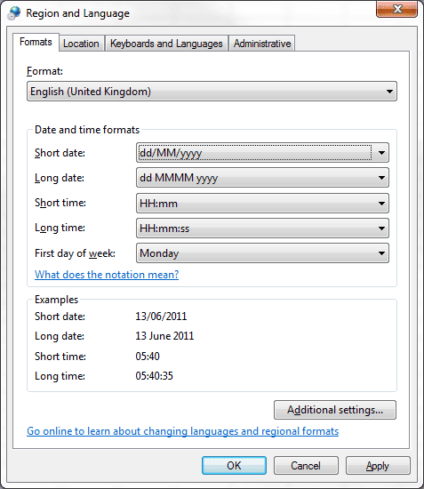 Windows Region English UK