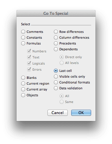 Go To Special dialog box