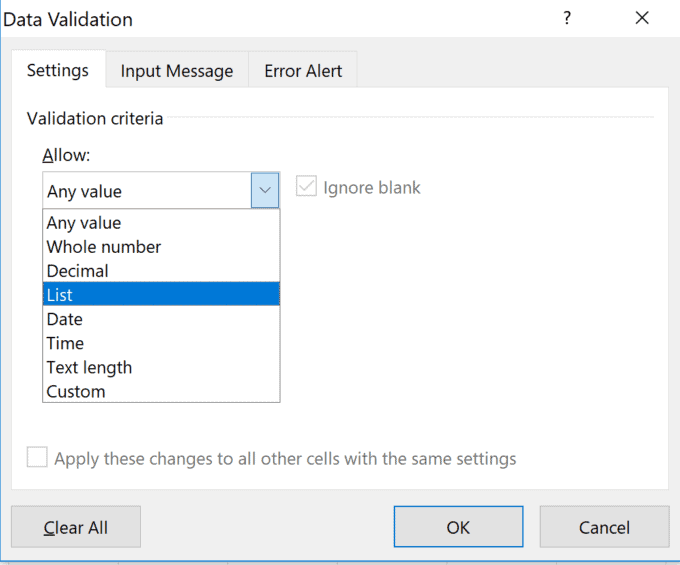 validation criteria how to make a drop down list in excel