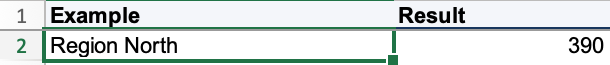 Excel worksheet shows Region North with a result of 390.