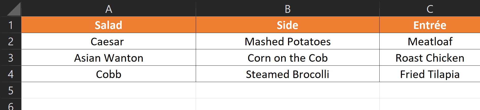 sample table with its header colored as orange