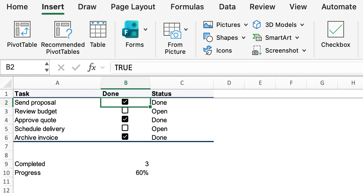 Excel for Mac Insert tab with the Checkbox command and the completed five-task checklist