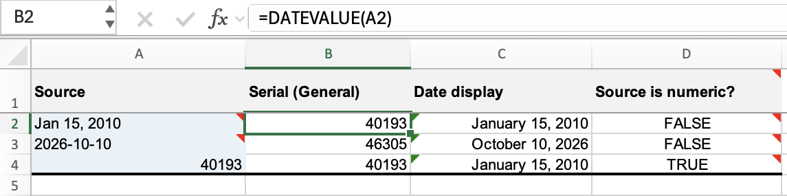 DATEVALUE in Excel converting the text Jan 15, 2010 in A2 to serial number 40193 in B2